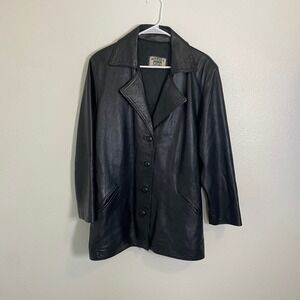 Vintage Matici 60 Black Italy Leather Jacket Large Button Down Collared‎ Coat